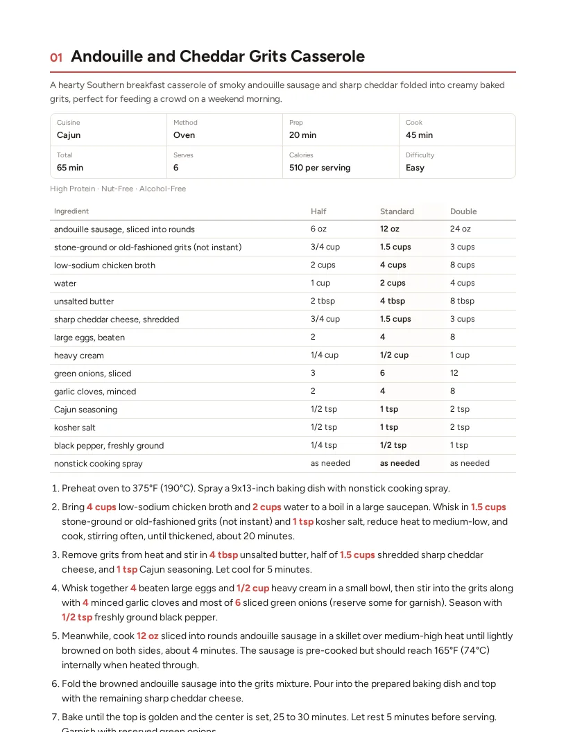 Sample page: Andouille and Cheddar Grits Casserole