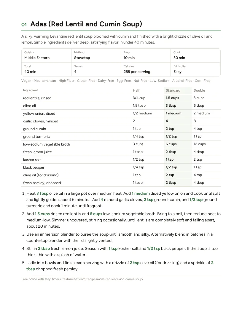 Sample page: Adas (Red Lentil and Cumin Soup)