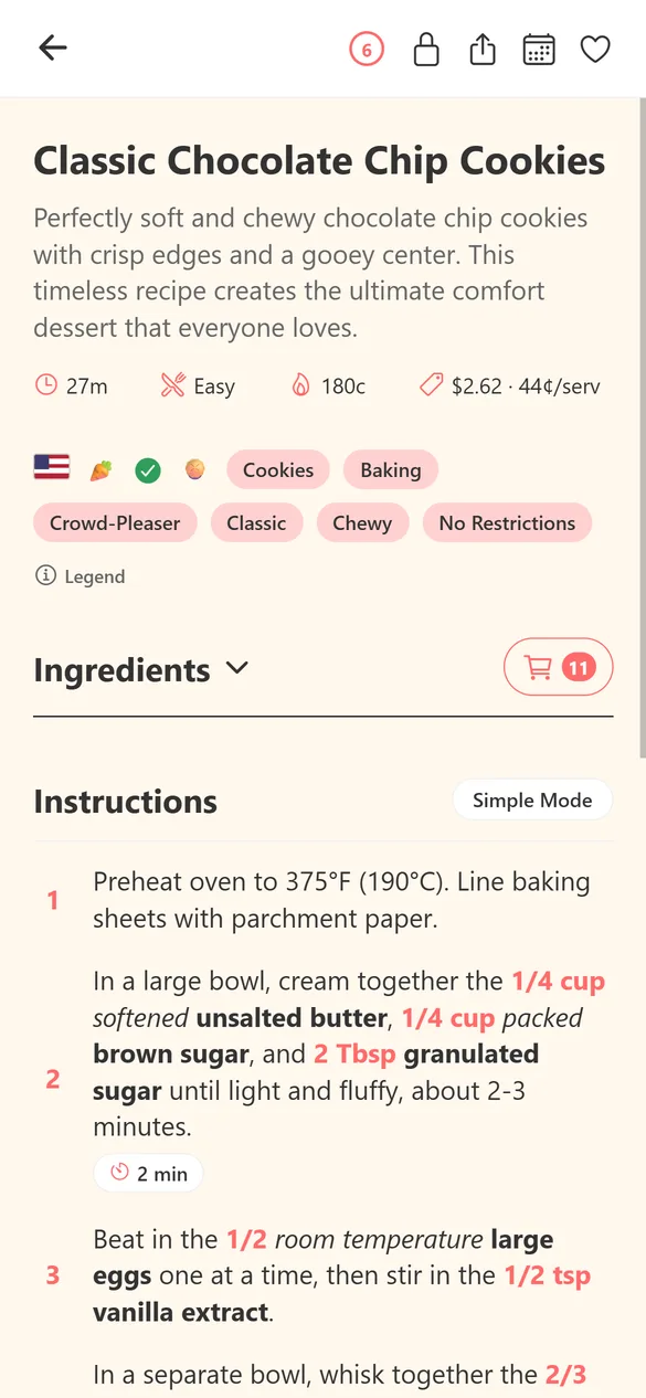 The Classic Chocolate Chip Cookies recipe open in the Textual Chef app on a phone