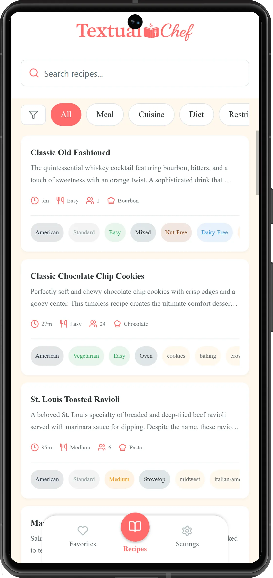 Textual Chef app showing a clean recipe interface without ads